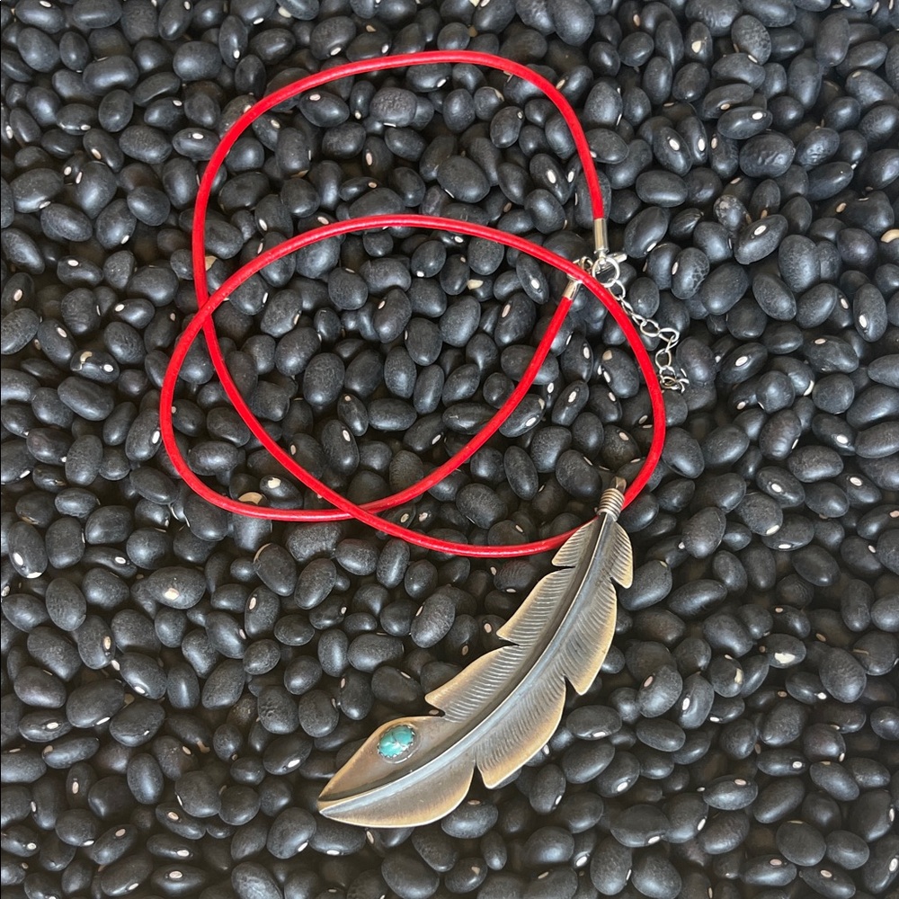 native American, Sterling, silver and turquoise Feather Pendant - Picture 3 of 7